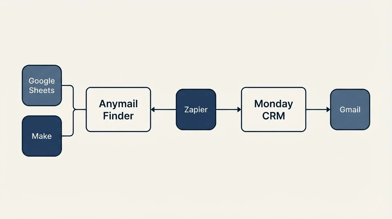 Integration flow: Integration Ecosystem (Anymail Finder, Monday CRM, Zapier, Google Sheets)