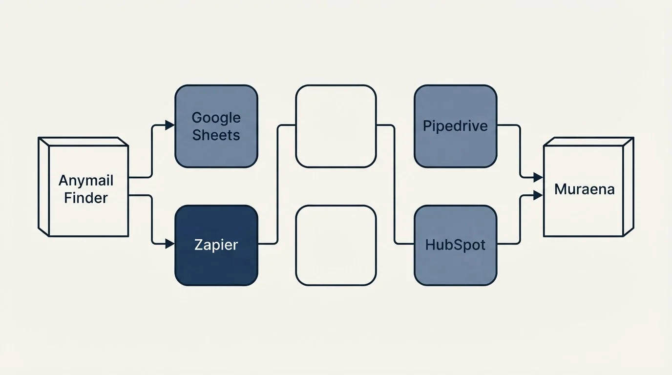 Integration flow: Integration Ecosystem (Anymail Finder, Muraena, Google Sheets, Pipedrive)