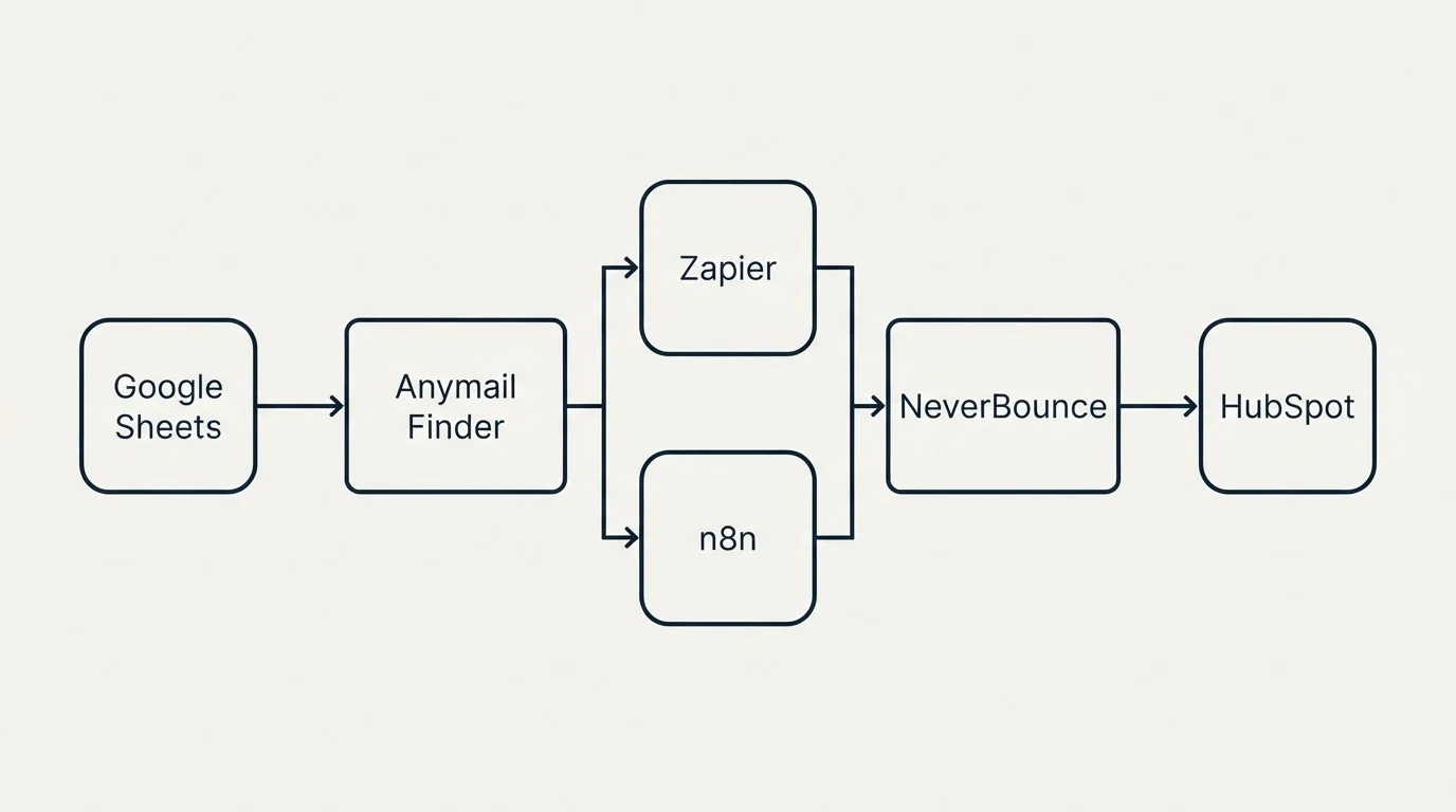 Integration flow: Integration Ecosystem (Anymail Finder, NeverBounce, Zapier, n8n)