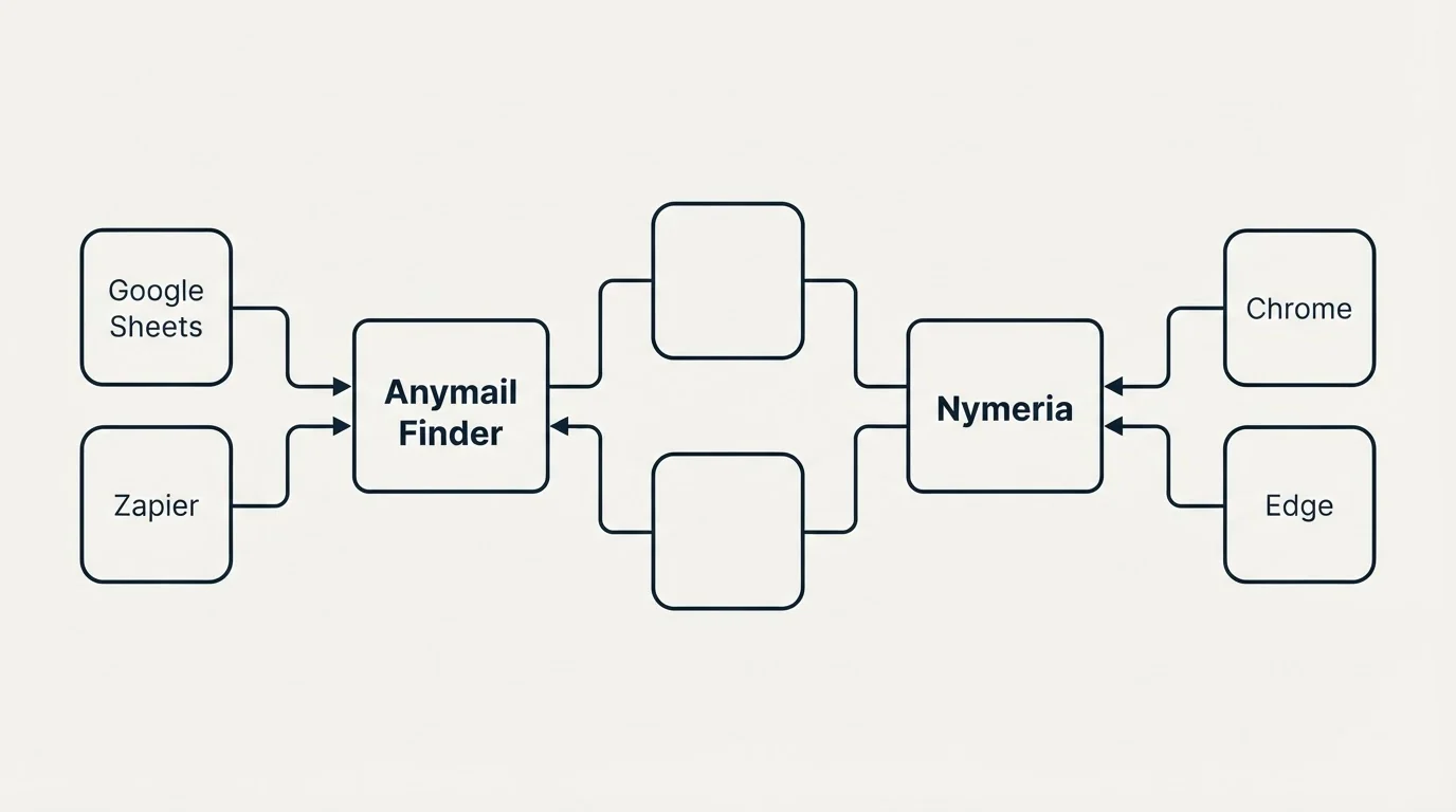 Integration flow: Integration Ecosystem (Anymail Finder, Nymeria, Google Sheets, Chrome)