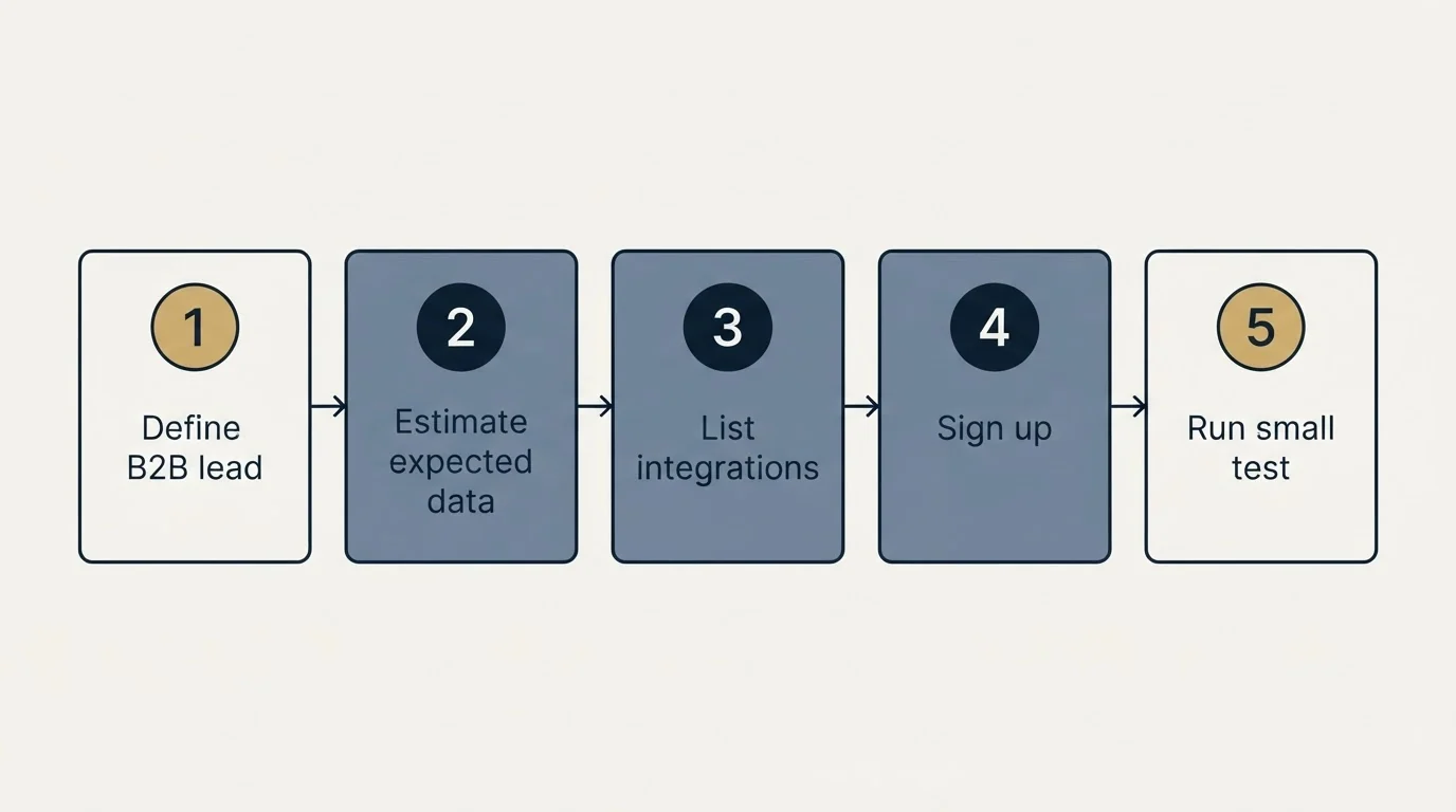Step sequence: Getting Started Checklist (Define B2B lead, Estimate expected data, List integrations, Sign up)