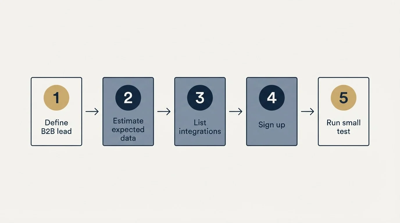 Step sequence: Getting Started Checklist (Define B2B lead, Estimate expected data, List integrations, Sign up)