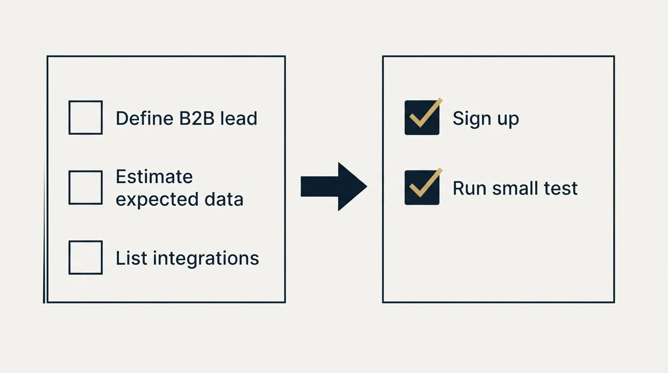 Before-and-after steps: Getting Started Checklist (Define B2B lead, Estimate expected data, List integrations, Sign up)