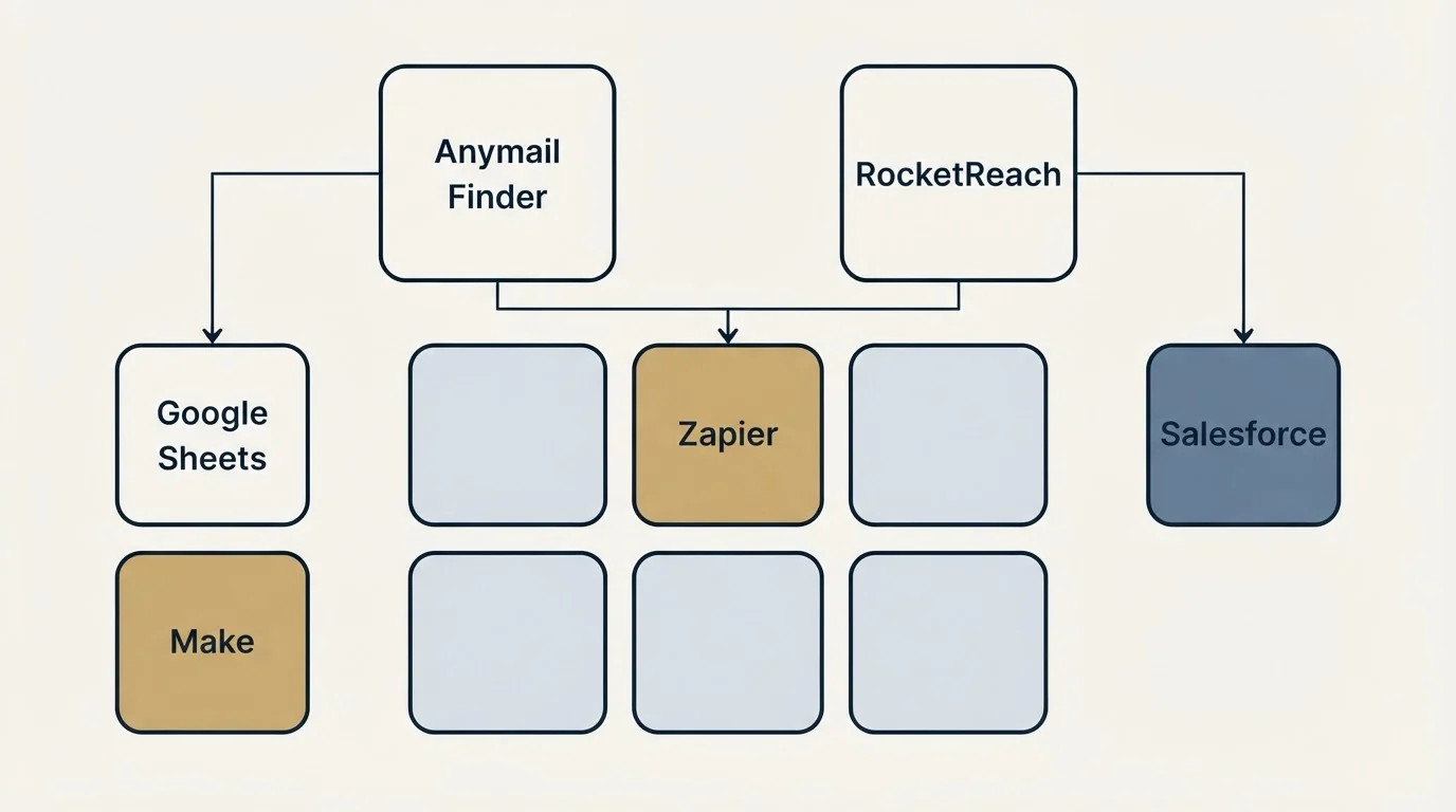 Integration grid: Integration Ecosystem (Anymail Finder, RocketReach, Zapier, Google Sheets)