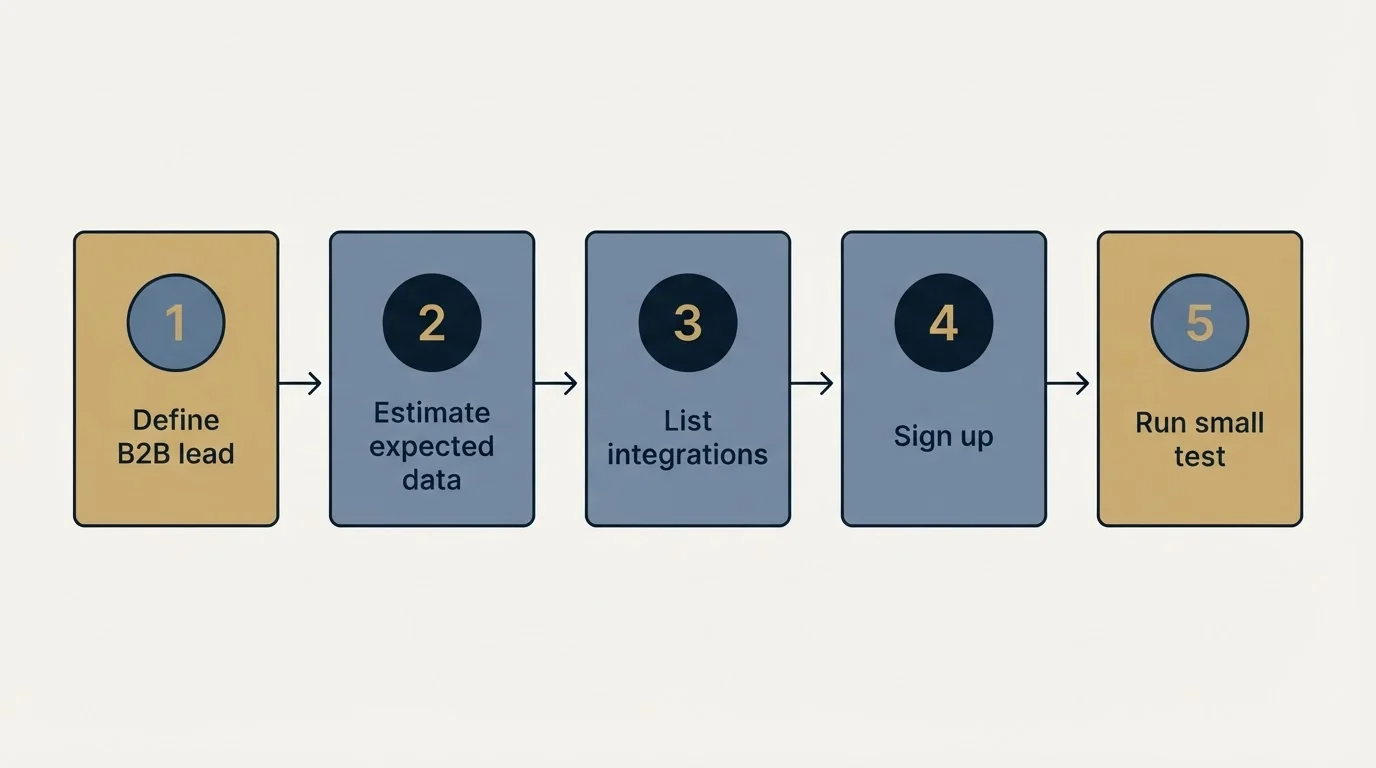 Step sequence: Getting Started Checklist (Define B2B lead, Estimate expected data, List integrations, Sign up)