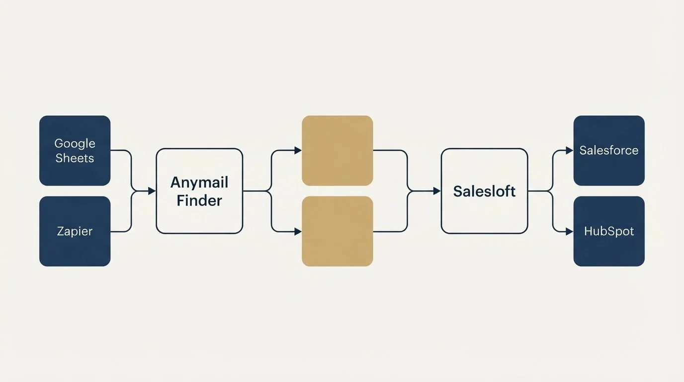 Integration schematic: Integration Ecosystem (Anymail Finder, Salesloft, Google Sheets, Salesforce)
