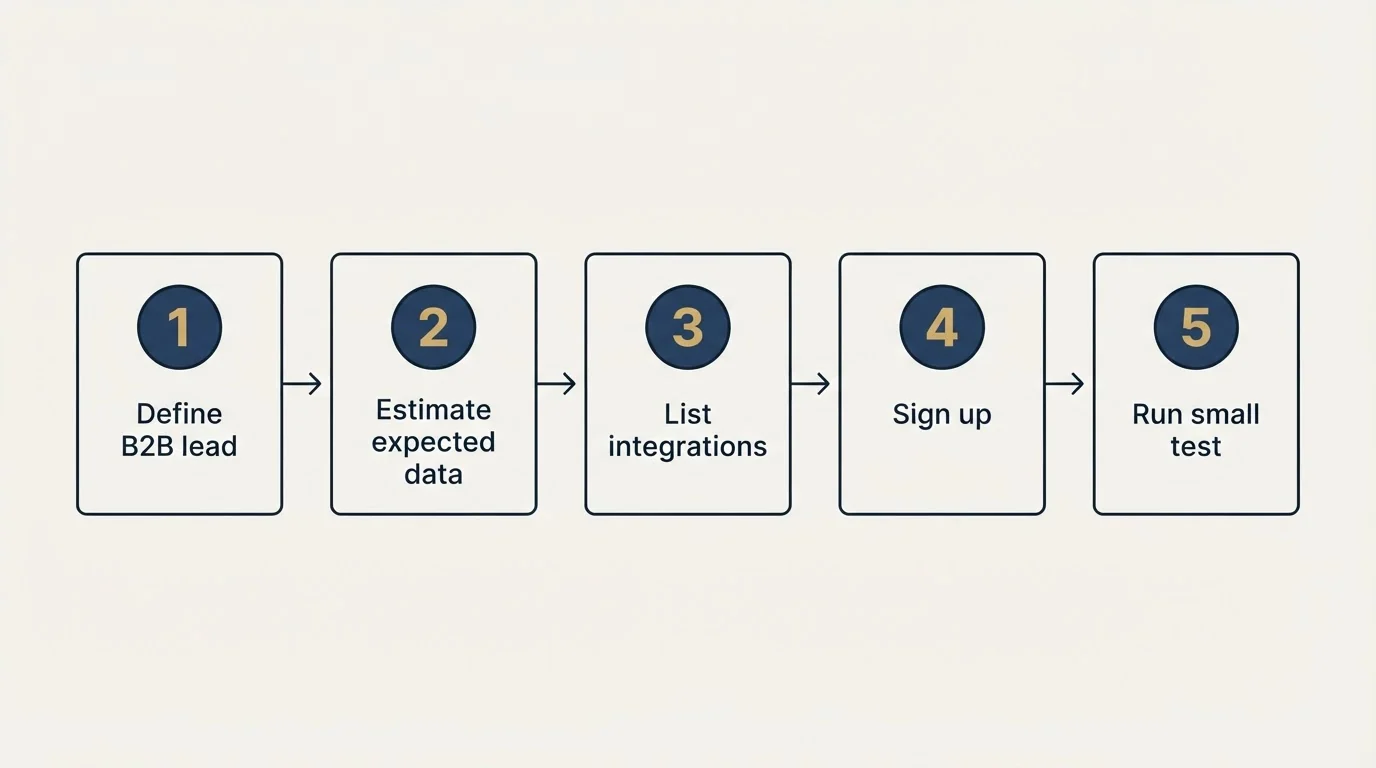 Step sequence: Getting Started Checklist (Define B2B lead, Estimate expected data, List integrations, Sign up)