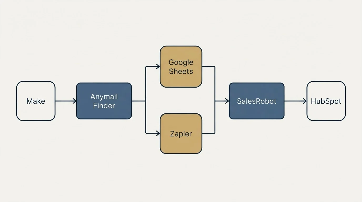 Integration flow: Integration Ecosystem (Anymail Finder, SalesRobot, Google Sheets, Zapier)