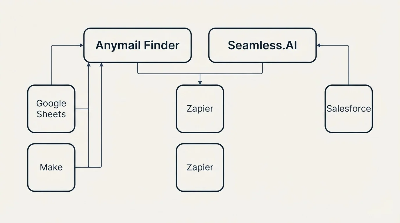 Integration grid: Integration Ecosystem (Anymail Finder, Seamless.AI, Zapier, Google Sheets)