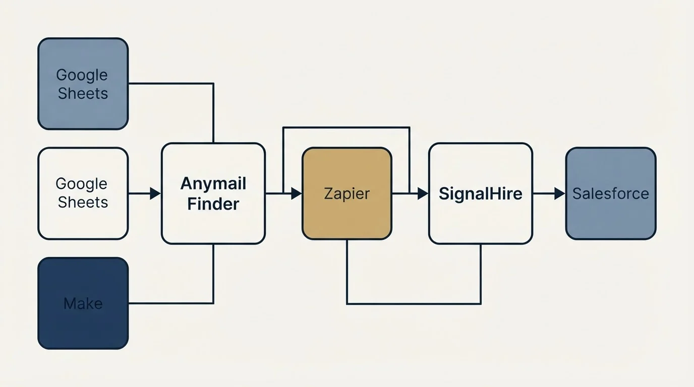 Integration schematic: Integration Ecosystem (Anymail Finder, SignalHire, Zapier, Google Sheets)