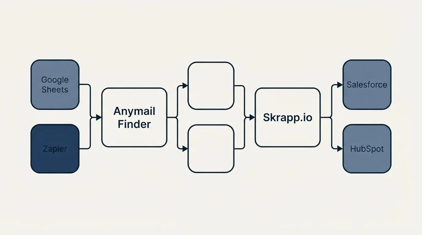 Integration schematic: Integration Ecosystem (Anymail Finder, Skrapp.io, Google Sheets, Salesforce)