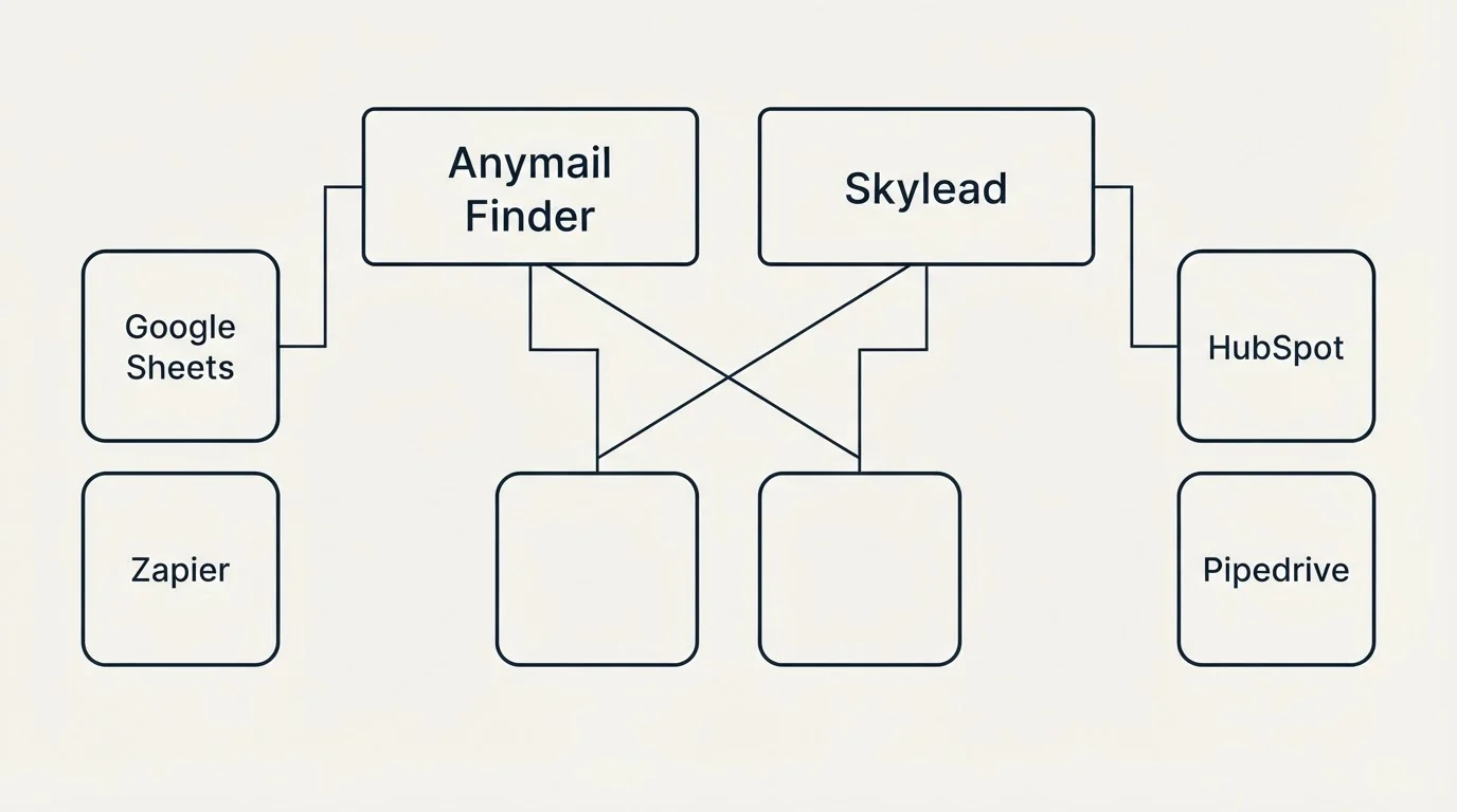 Integration grid: Integration Ecosystem (Anymail Finder, Skylead, Google Sheets, HubSpot)