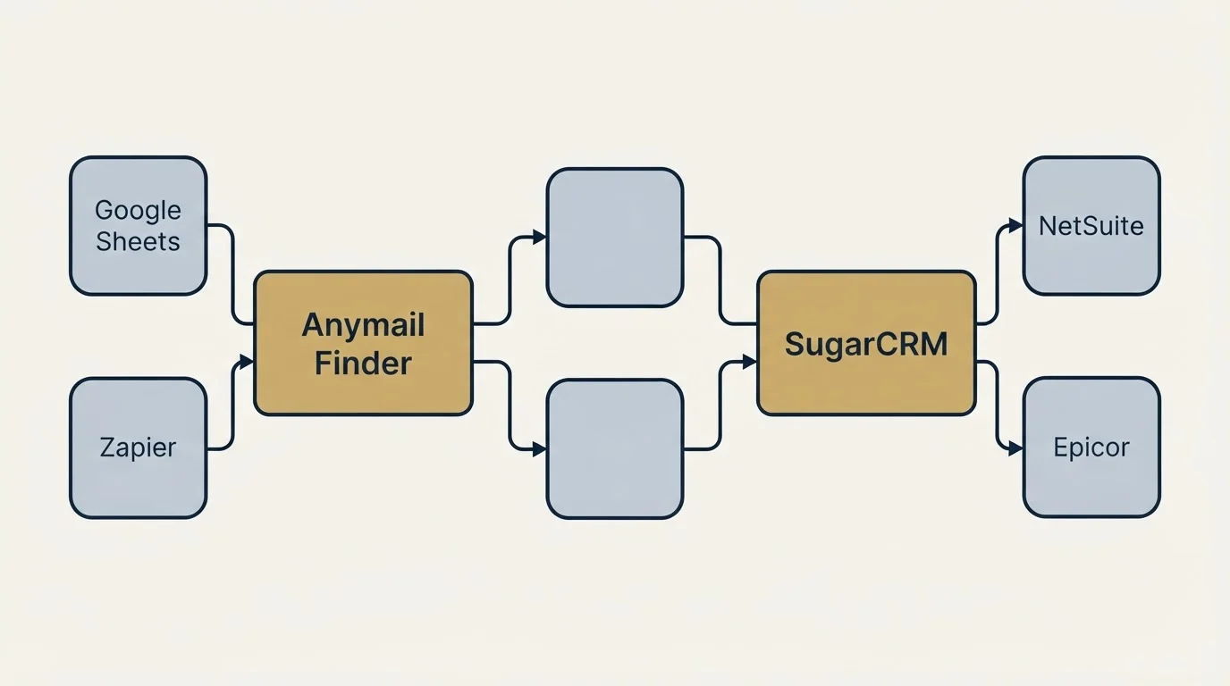 Integration schematic: Integration Ecosystem (Anymail Finder, SugarCRM, Google Sheets, NetSuite)