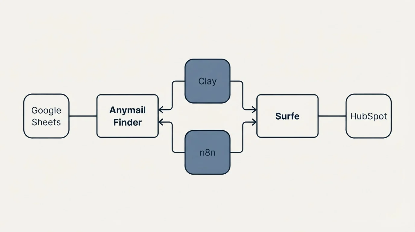 Integration flow: Integration Ecosystem (Anymail Finder, Surfe, Clay, n8n)