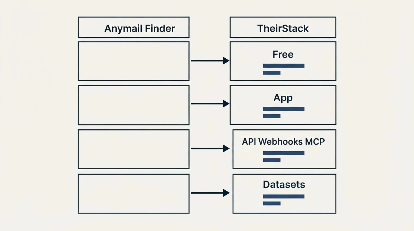 Pricing table: Pricing Comparison (Anymail Finder, TheirStack, Free, App)