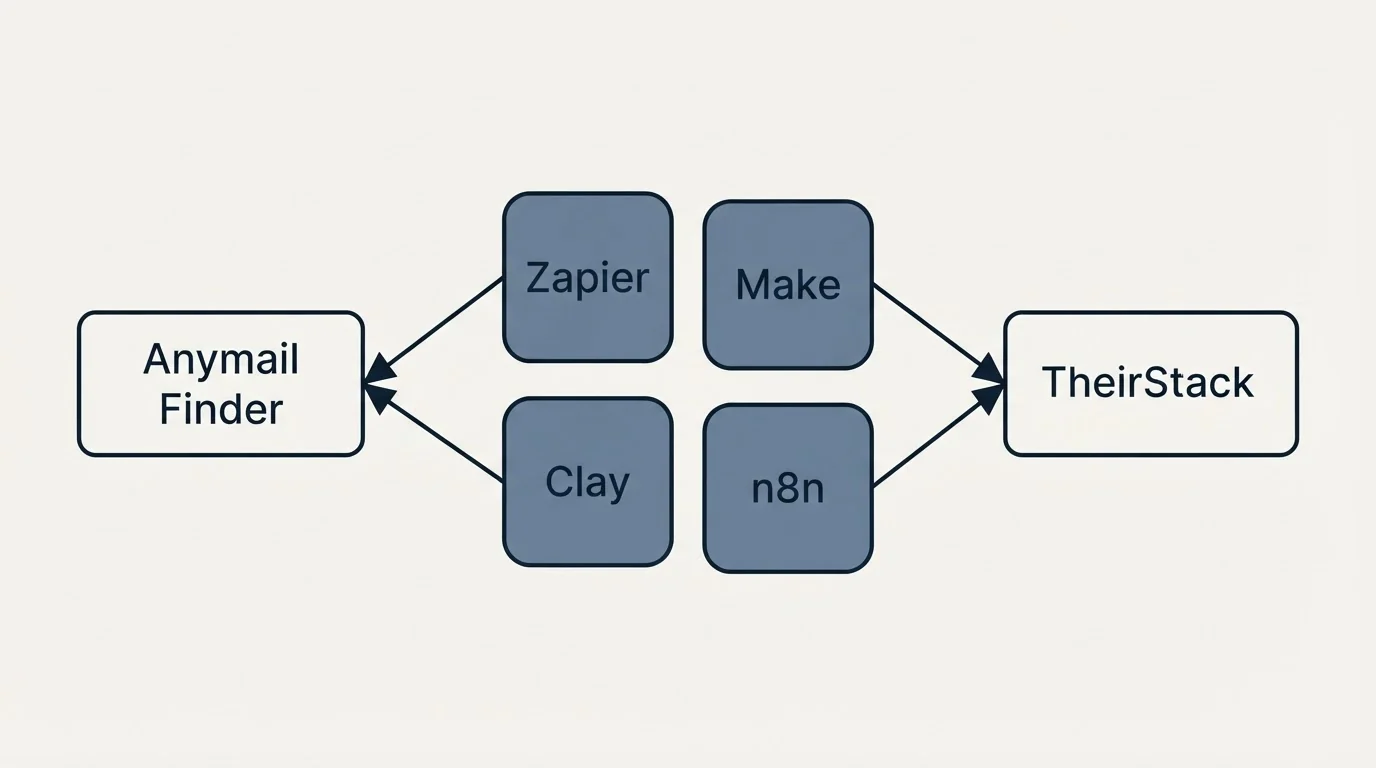 Integration schematic: Integration Ecosystem (Anymail Finder, TheirStack, Zapier, Make)