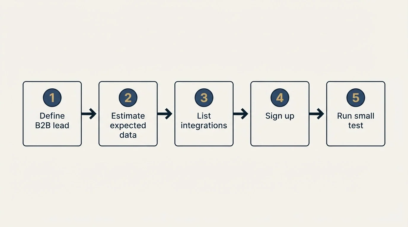 Step sequence: Getting Started Checklist (Define B2B lead, Estimate expected data, List integrations, Sign up)