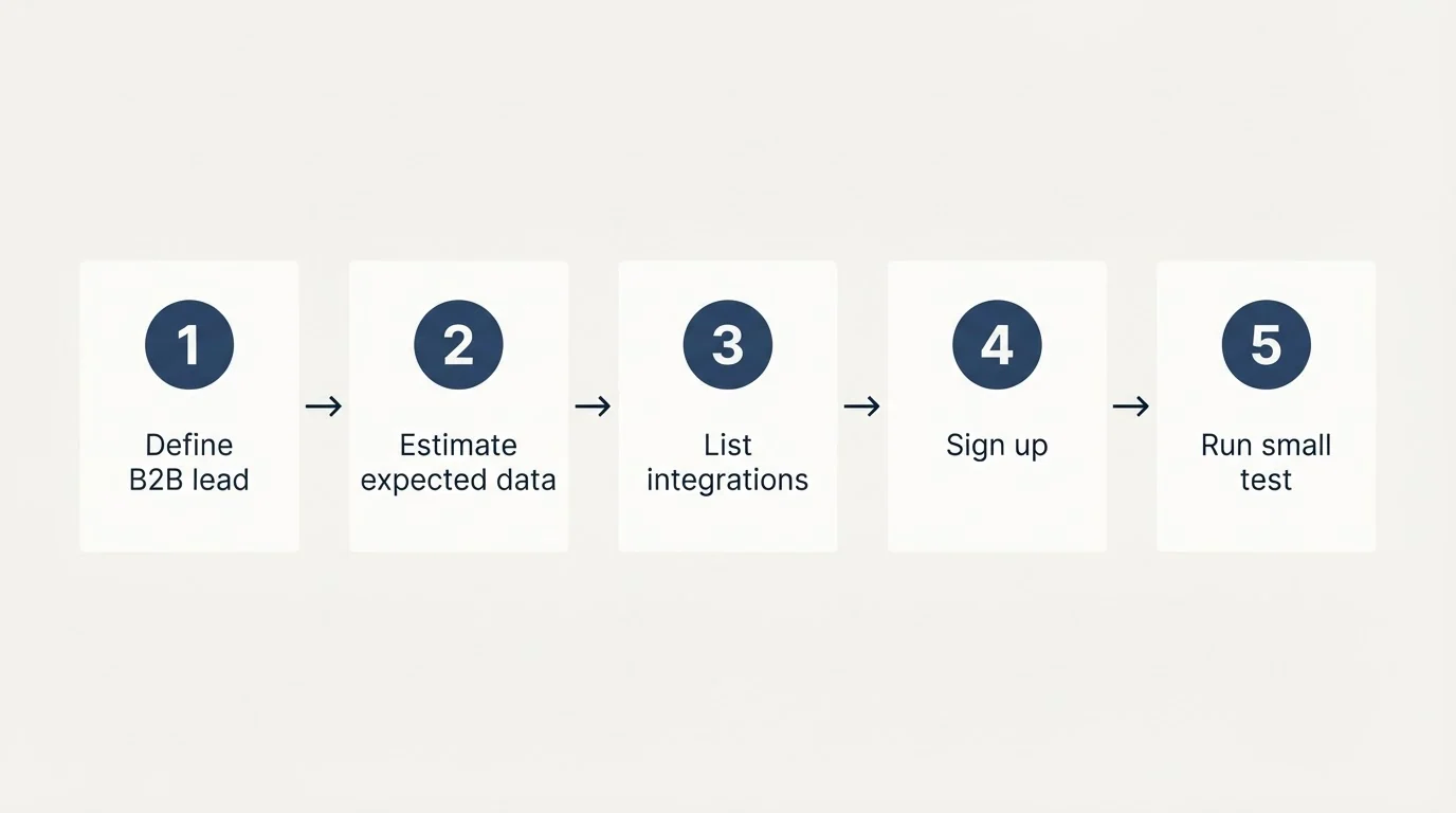 Step sequence: Getting Started Checklist (Define B2B lead, Estimate expected data, List integrations, Sign up)