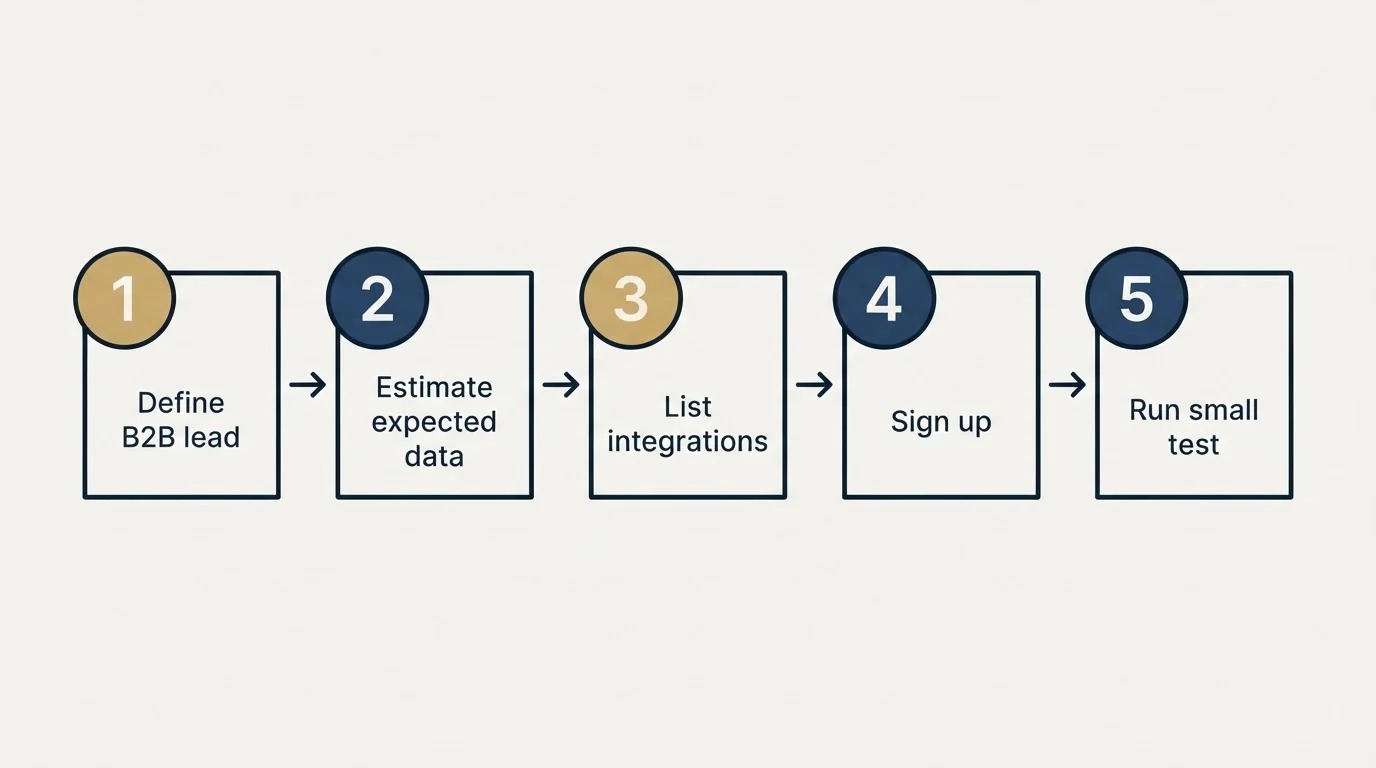 Step sequence: Getting Started Checklist (Define B2B lead, Estimate expected data, List integrations, Sign up)