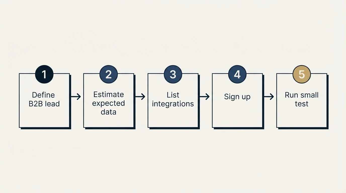 Step sequence: Getting Started Checklist (Define B2B lead, Estimate expected data, List integrations, Sign up)