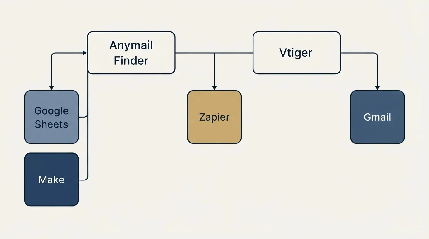 Integration grid: Integration Ecosystem (Anymail Finder, Vtiger, Zapier, Google Sheets)