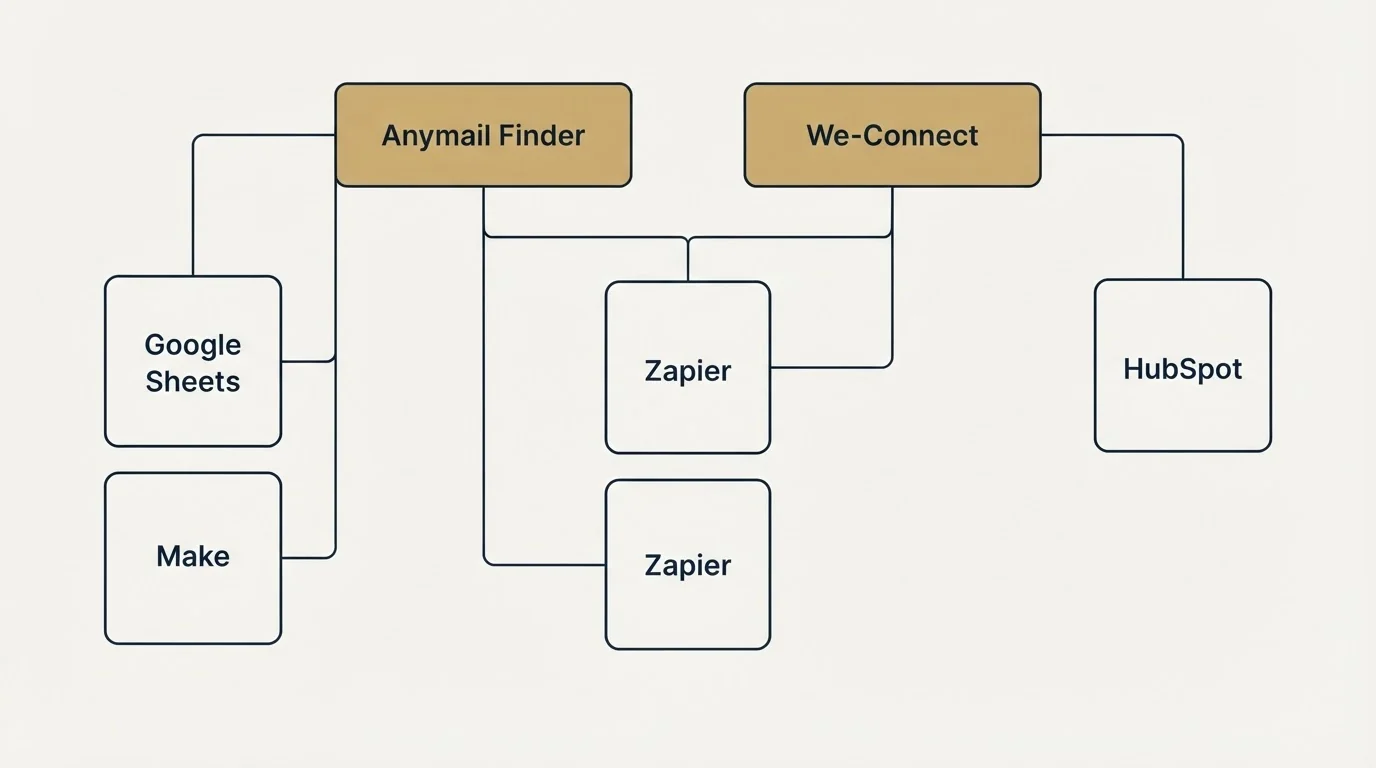 Integration grid: Integration Ecosystem (Anymail Finder, We-Connect, Zapier, Google Sheets)
