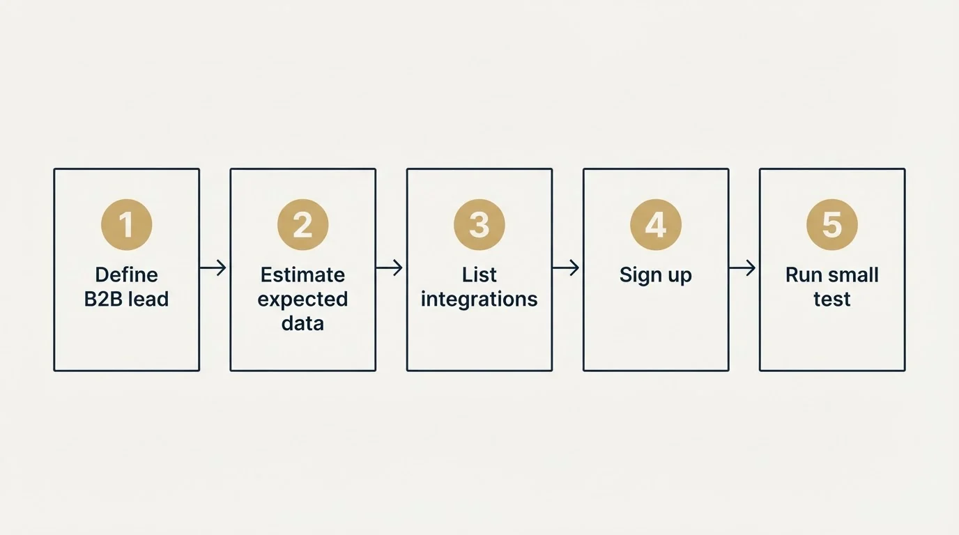 Step sequence: Getting Started Checklist (Define B2B lead, Estimate expected data, List integrations, Sign up)