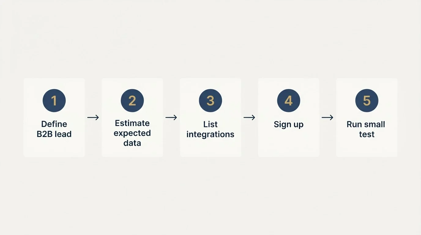 Step sequence: Getting Started Checklist (Define B2B lead, Estimate expected data, List integrations, Sign up)