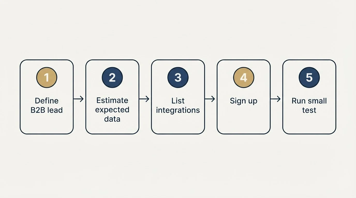 Step sequence: Getting Started Checklist (Define B2B lead, Estimate expected data, List integrations, Sign up)