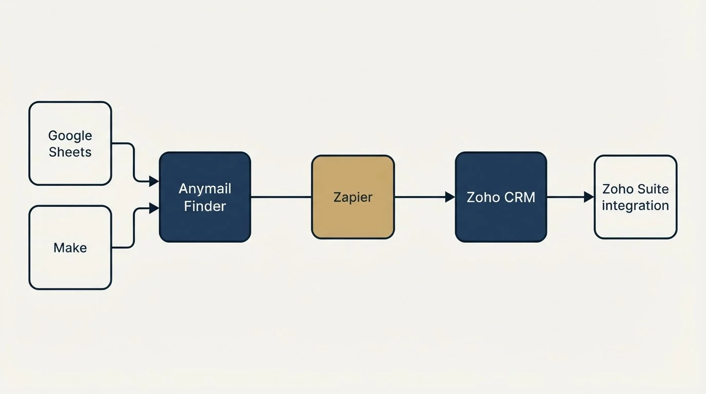 Integration schematic: Integration Ecosystem (Anymail Finder, Zoho CRM, Zapier, Google Sheets)