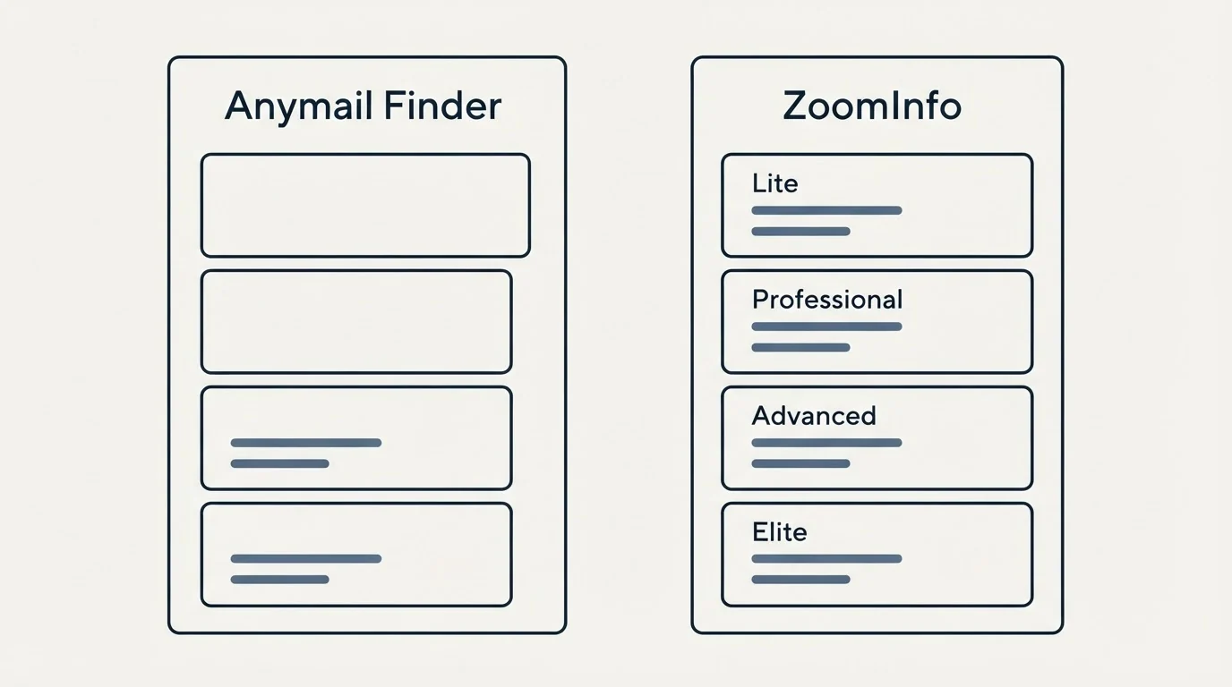 Pricing panels: Pricing Comparison (Anymail Finder, ZoomInfo, Lite, Professional)