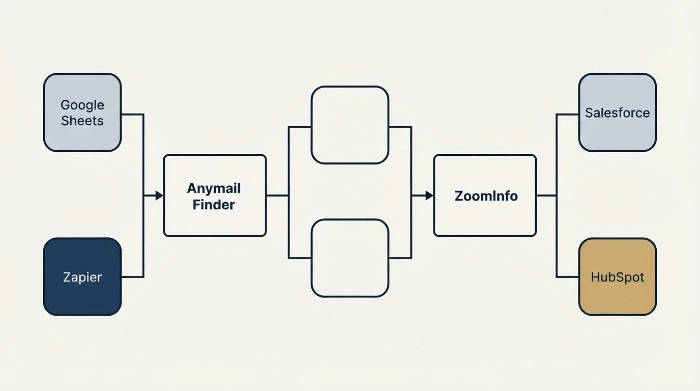 Integration flow: Integration Ecosystem (Anymail Finder, ZoomInfo, Google Sheets, Salesforce)
