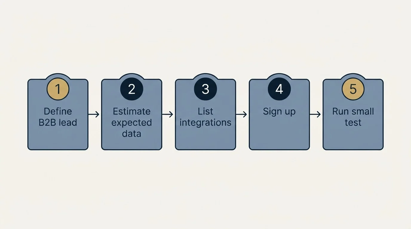 Step sequence: Getting Started Checklist (Define B2B lead, Estimate expected data, List integrations, Sign up)