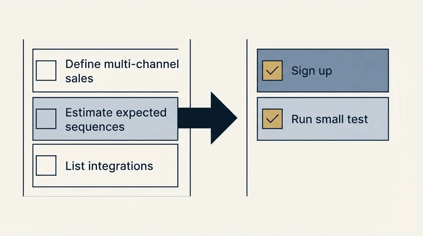 Before-and-after steps: Getting Started Checklist (Define multi-channel sales, Estimate expected sequences, List integrations, Sign up)