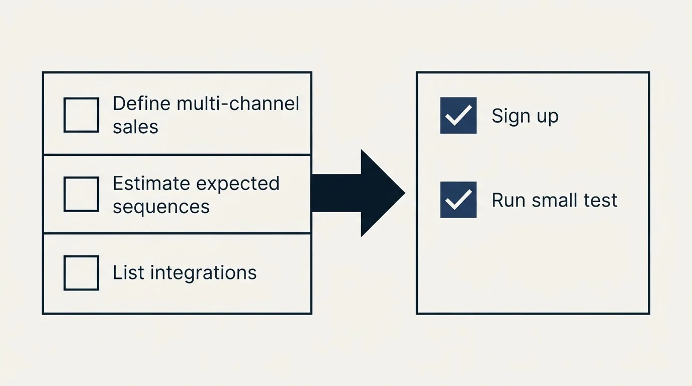 Before-and-after steps: Getting Started Checklist (Define multi-channel sales, Estimate expected sequences, List integrations, Sign up)