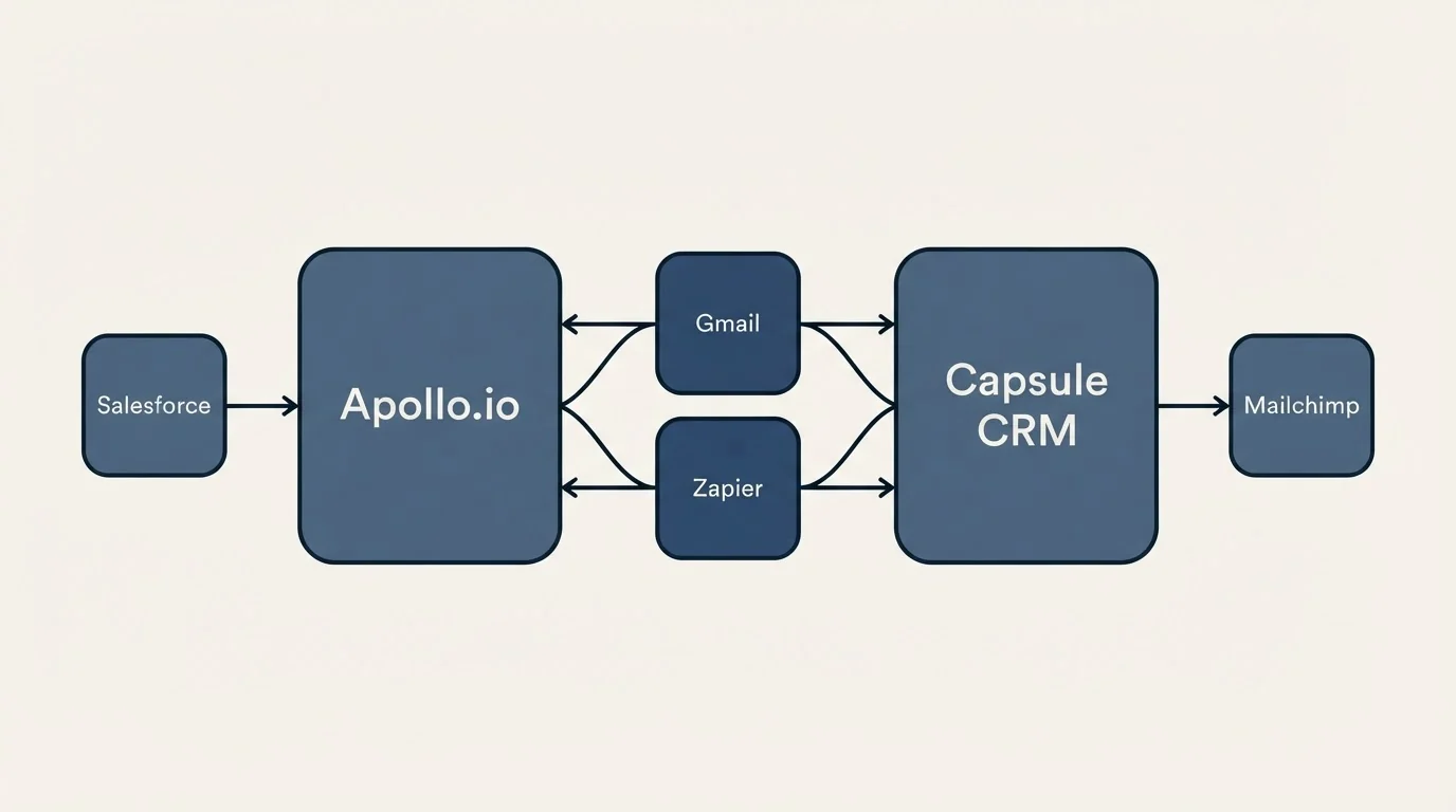 Integration schematic: Integration Ecosystem (Apollo.io, Capsule CRM, Gmail, Zapier)