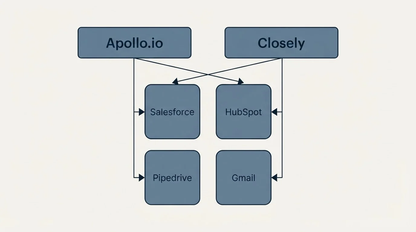 Integration grid: Integration Ecosystem (Apollo.io, Closely, Salesforce, HubSpot)