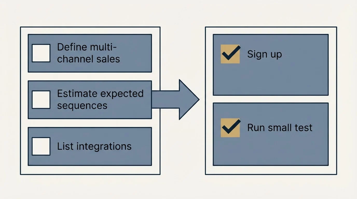 Before-and-after steps: Getting Started Checklist (Define multi-channel sales, Estimate expected sequences, List integrations, Sign up)