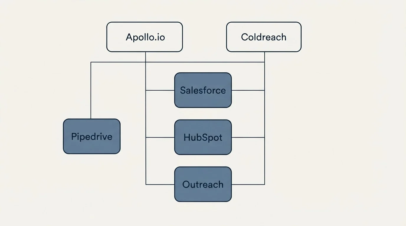 Integration grid: Integration Ecosystem (Apollo.io, Coldreach, Salesforce, HubSpot)
