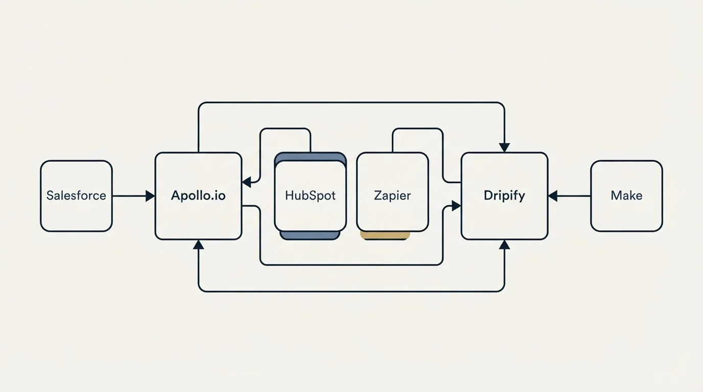 Integration schematic: Integration Ecosystem (Apollo.io, Dripify, HubSpot, Zapier)