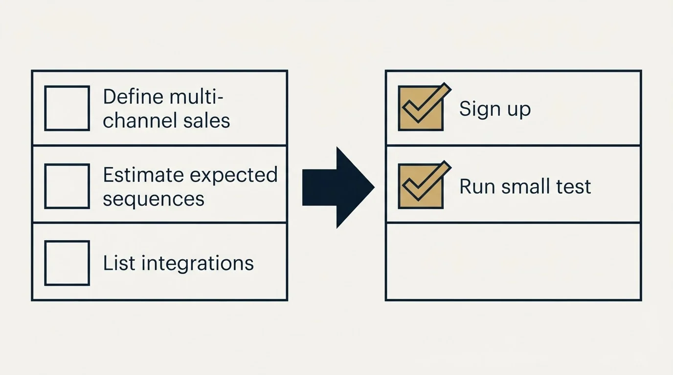 Before-and-after steps: Getting Started Checklist (Define multi-channel sales, Estimate expected sequences, List integrations, Sign up)