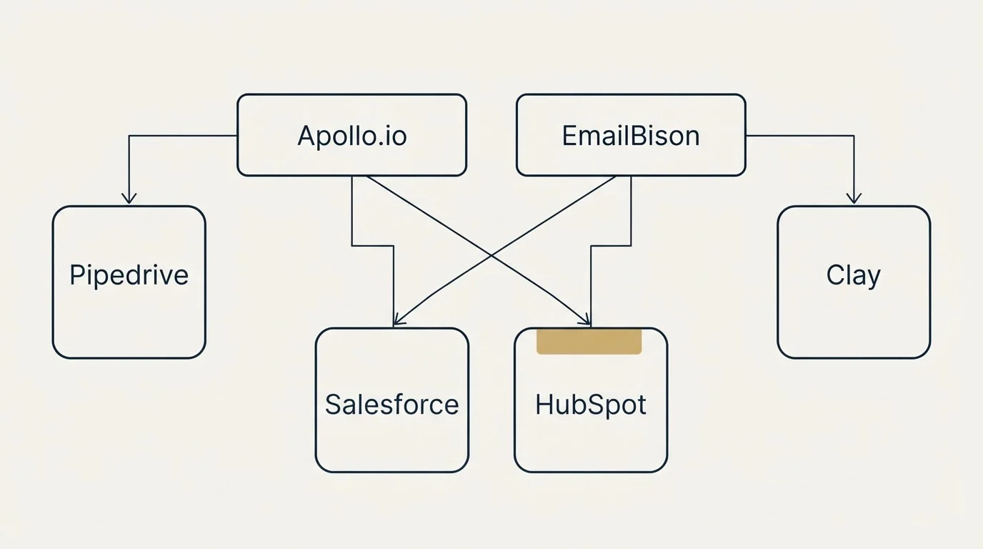 Integration grid: Integration Ecosystem (Apollo.io, EmailBison, Salesforce, HubSpot)