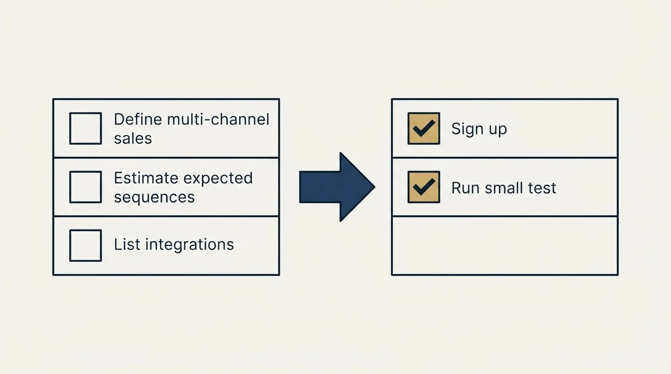 Before-and-after steps: Getting Started Checklist (Define multi-channel sales, Estimate expected sequences, List integrations, Sign up)