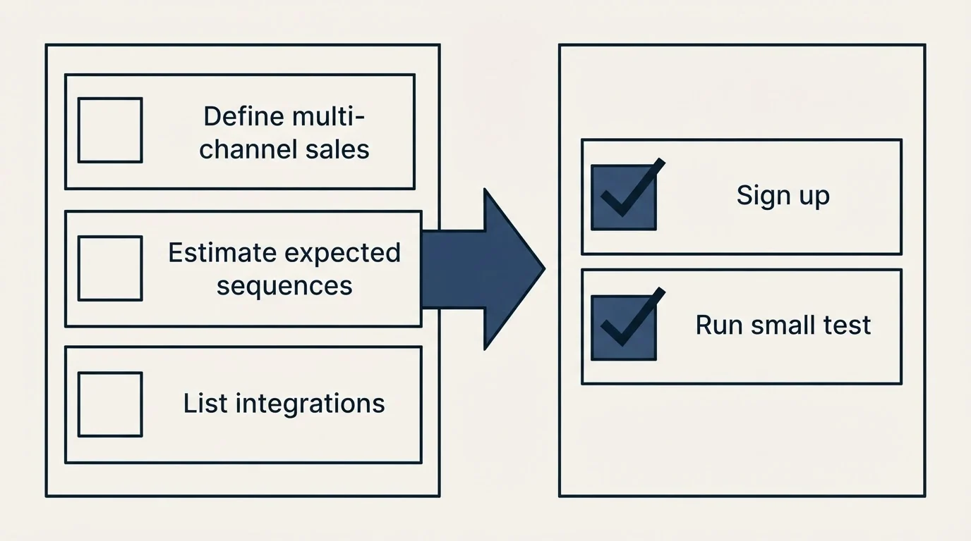 Before-and-after steps: Getting Started Checklist (Define multi-channel sales, Estimate expected sequences, List integrations, Sign up)