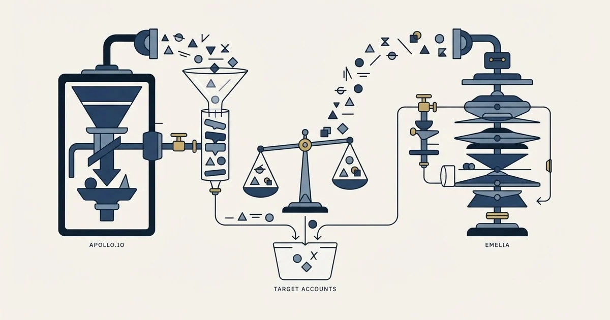 Editorial illustration for Apollo.io vs Emelia