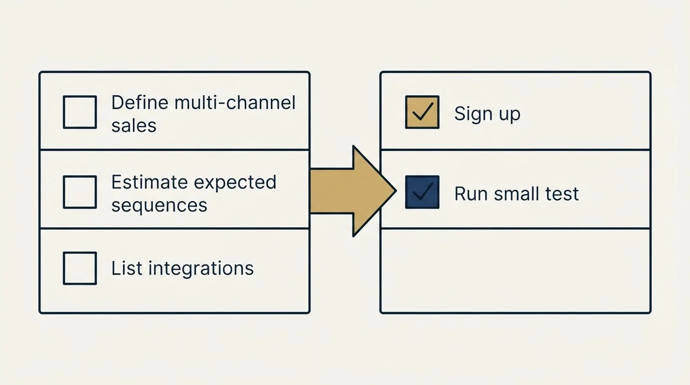Before-and-after steps: Getting Started Checklist (Define multi-channel sales, Estimate expected sequences, List integrations, Sign up)