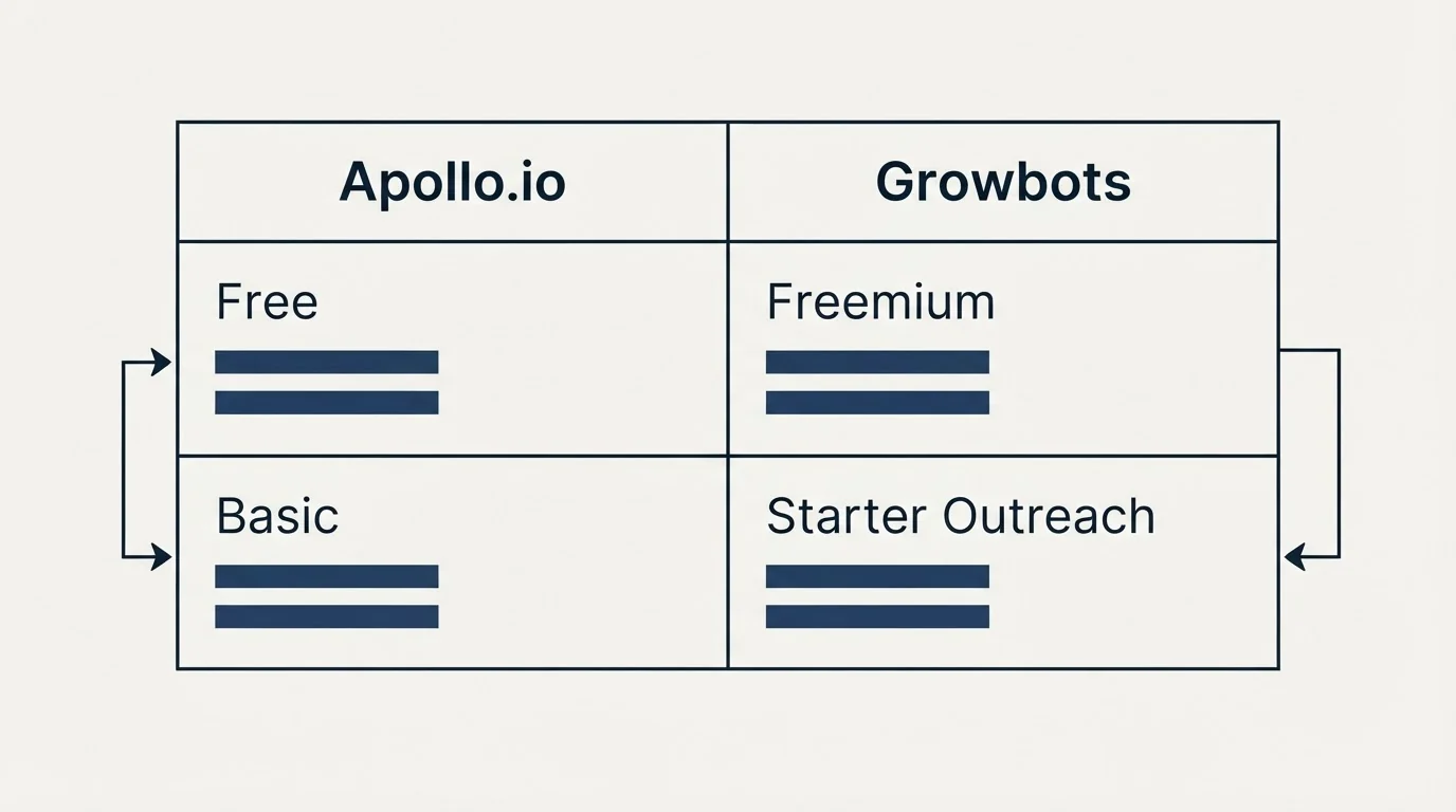 Pricing table: Pricing Comparison (Apollo.io, Growbots, Free, Freemium)