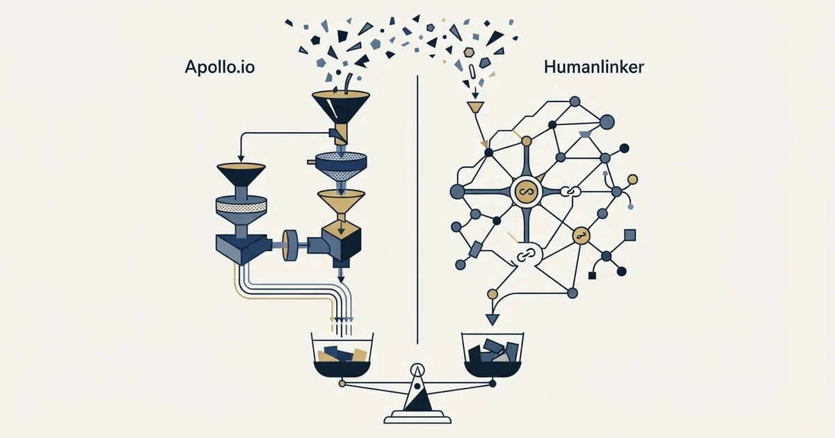 Editorial illustration for Apollo.io vs Humanlinker