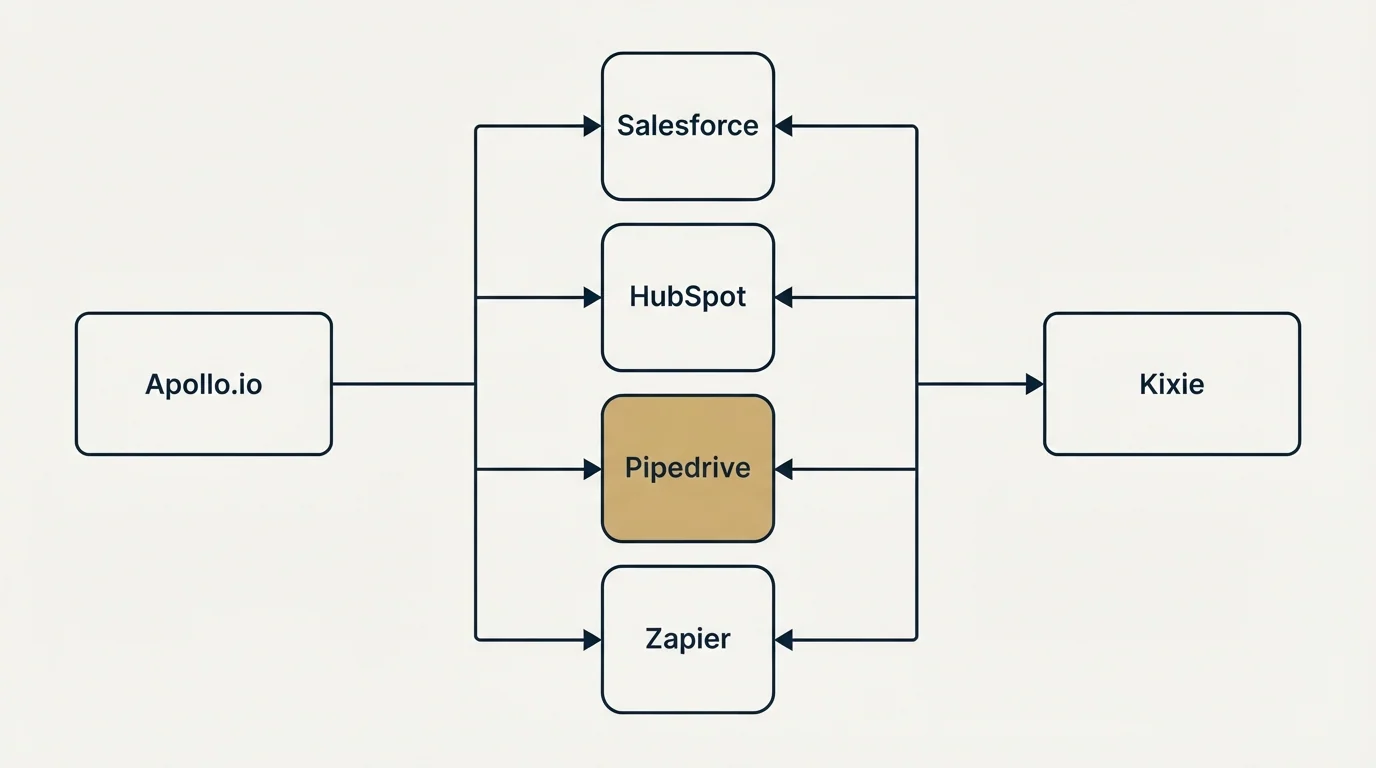 Integration flow: Integration Ecosystem (Apollo.io, Kixie, Salesforce, HubSpot)