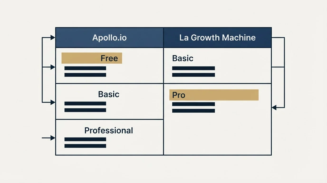 Pricing table: Pricing Comparison (Apollo.io, La Growth Machine, Free, Basic)